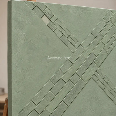 Sage Crossings: Textured Green Grid Relief Wall Art — detail easel