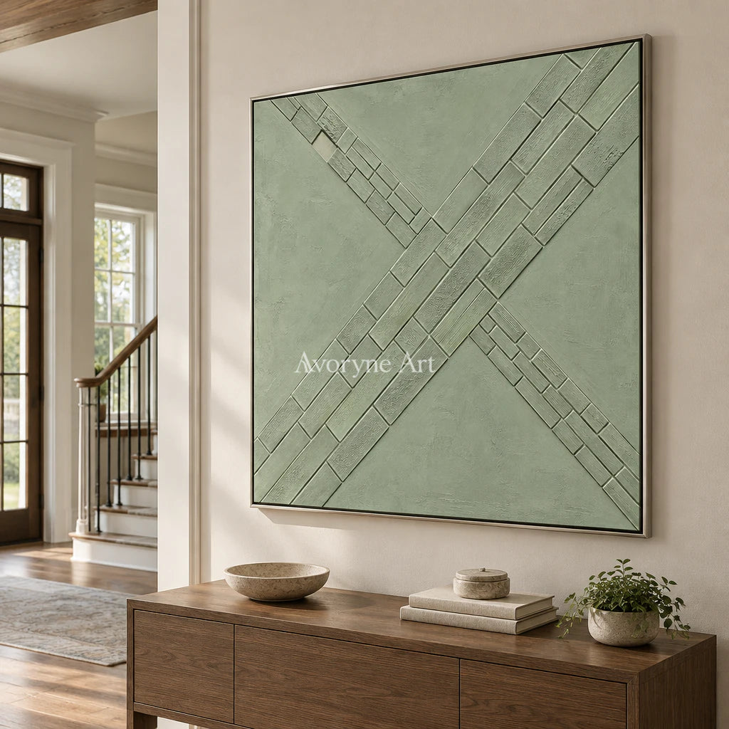 Sage Crossings: Textured Green Grid Relief Wall Art — entry silver
