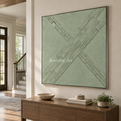 Sage Crossings: Textured Green Grid Relief Wall Art — entry silver