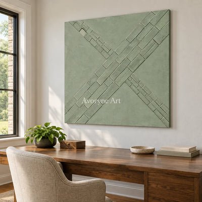 Sage Crossings: Textured Green Grid Relief Wall Art — office frameless