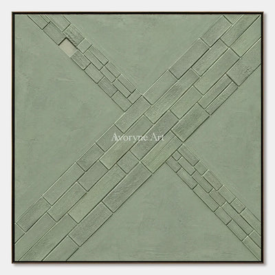 Sage Crossings: Textured Green Grid Relief Wall Art — primary