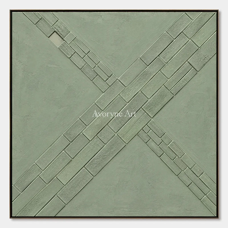 Sage Crossings, hand-painted textured green grid relief wall art by Lin Qiao
