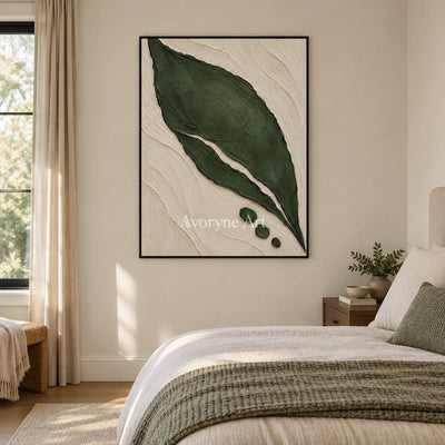 Verdant Form: Textured Green Leaf Abstract Wall Art — bedroom black