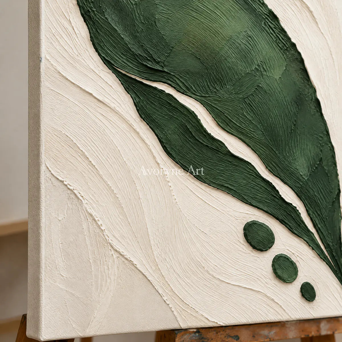 Verdant Form: Textured Green Leaf Abstract Wall Art — detail easel