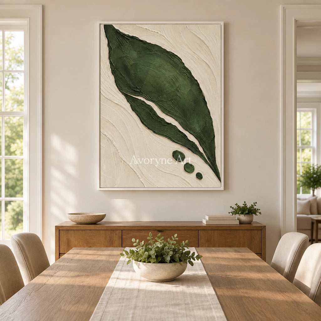 Verdant Form: Textured Green Leaf Abstract Wall Art — dining white