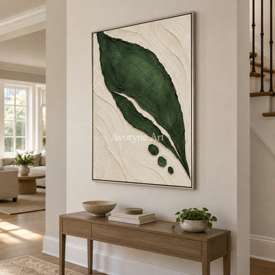Verdant Form: Textured Green Leaf Abstract Wall Art — entry silver