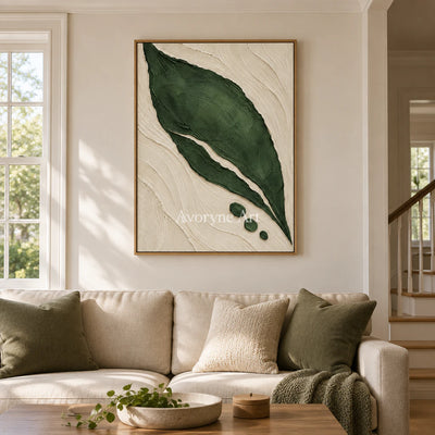 Verdant Form: Textured Green Leaf Abstract Wall Art — villa wood