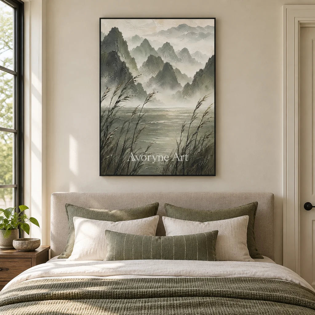 Reed Valley: Textured Green Mist Mountain Wall Art — bedroom black