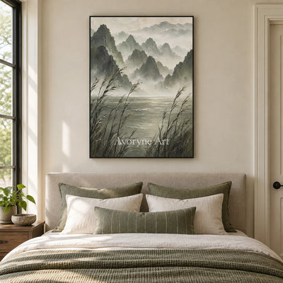 Reed Valley: Textured Green Mist Mountain Wall Art — bedroom black