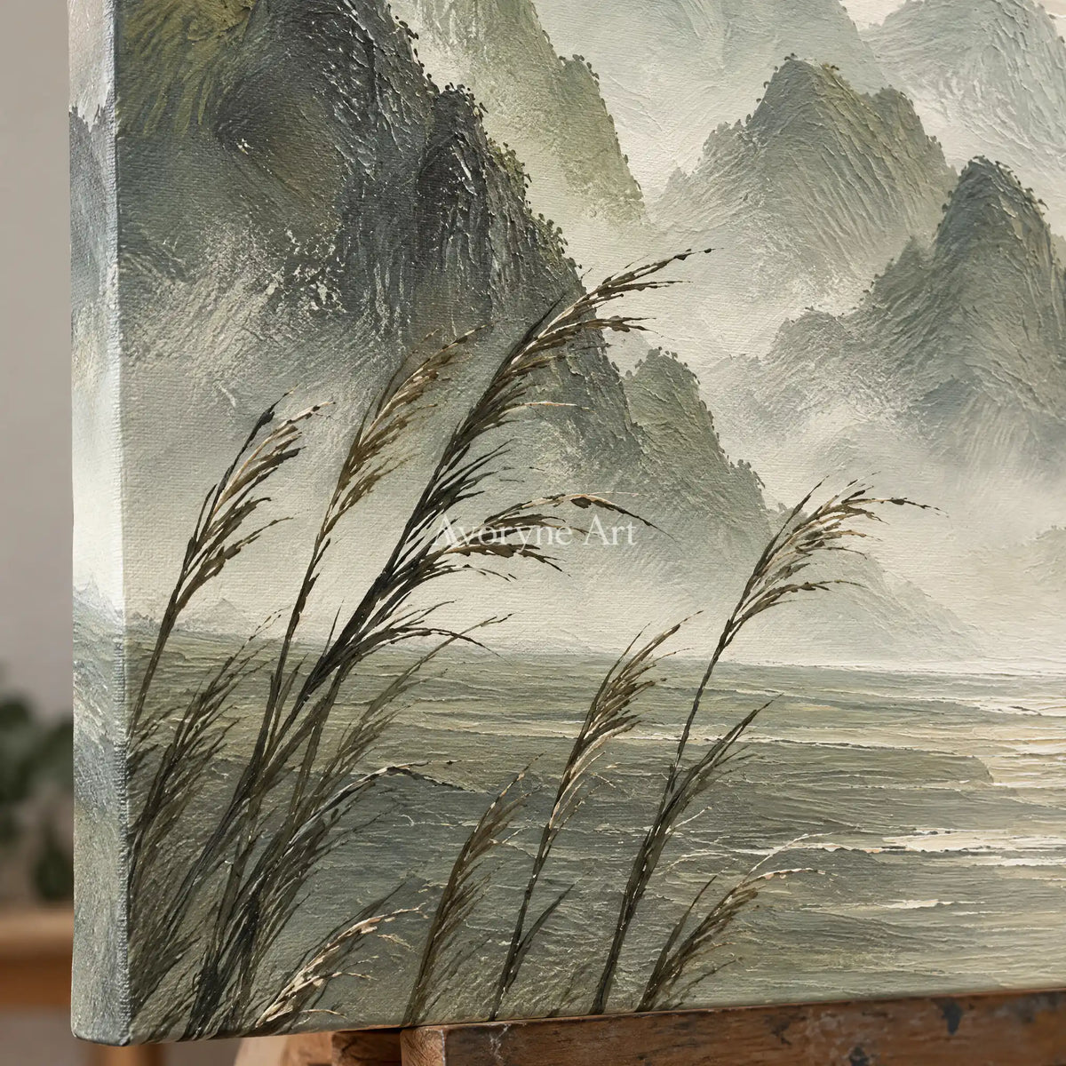 Reed Valley: Textured Green Mist Mountain Wall Art — detail easel