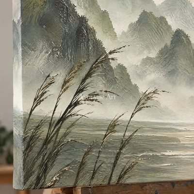 Reed Valley: Textured Green Mist Mountain Wall Art — detail easel