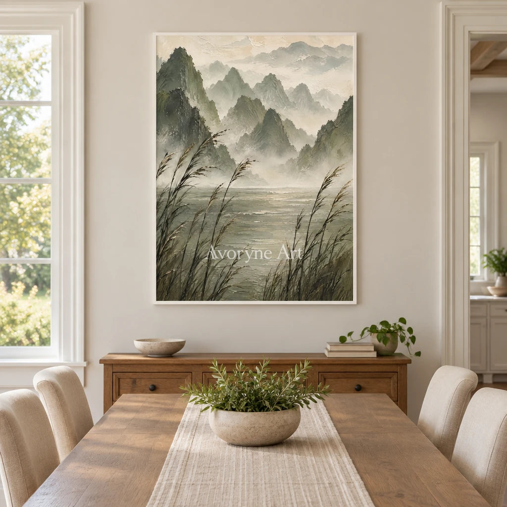 Reed Valley: Textured Green Mist Mountain Wall Art — dining white