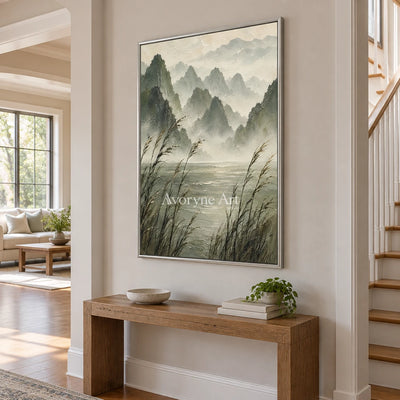 Reed Valley: Textured Green Mist Mountain Wall Art — entry silver