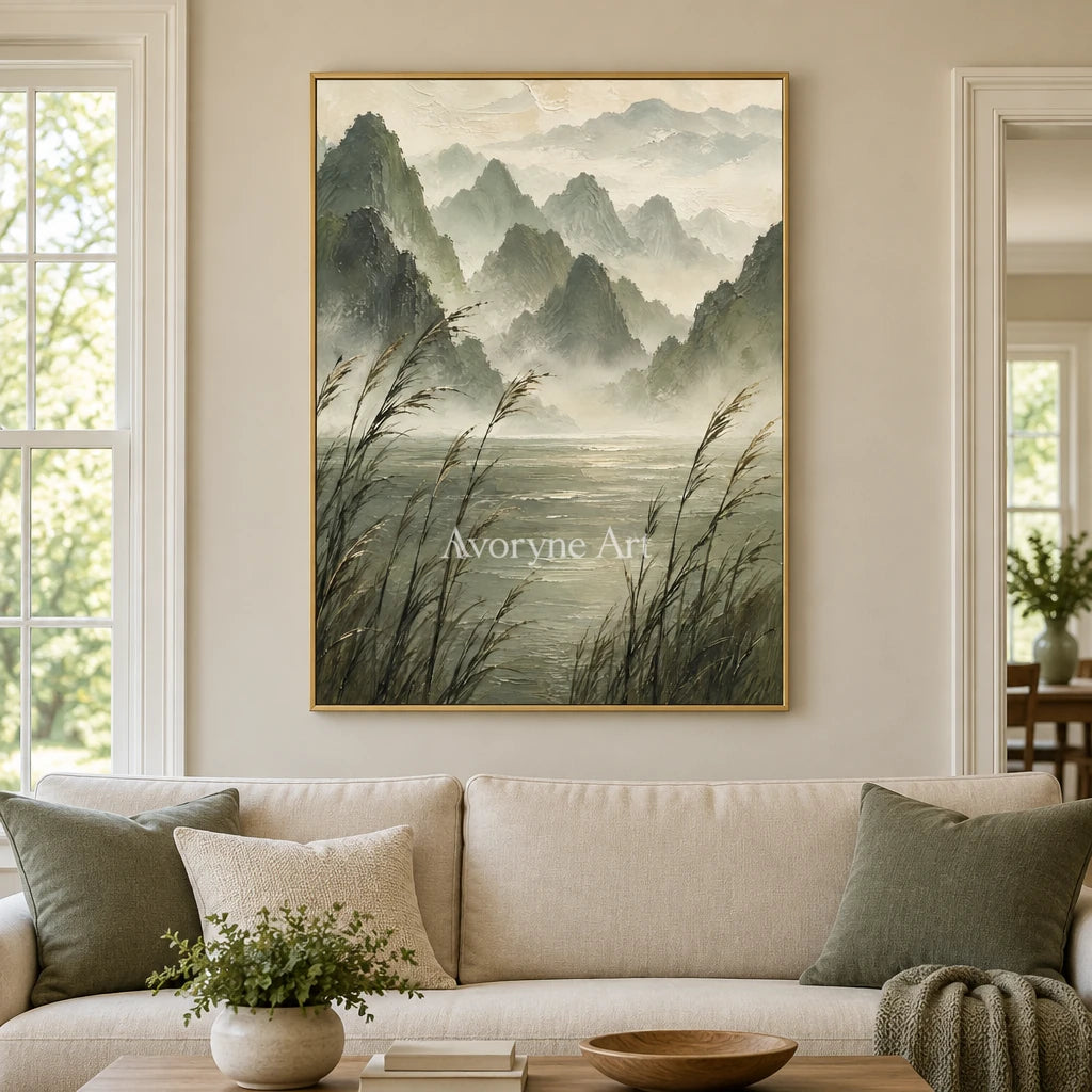 Reed Valley: Textured Green Mist Mountain Wall Art — living gold