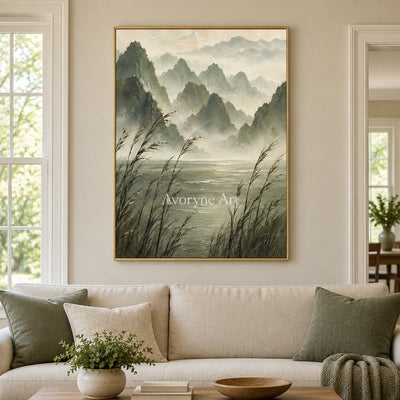 Reed Valley: Textured Green Mist Mountain Wall Art — living gold