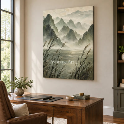 Reed Valley: Textured Green Mist Mountain Wall Art — office frameless