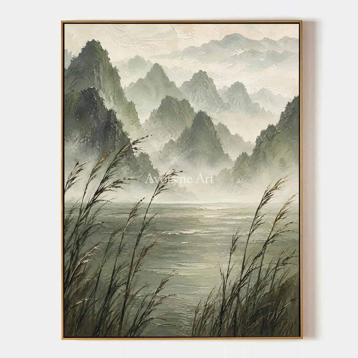 Reed Valley: Textured Green Mist Mountain Wall Art — primary