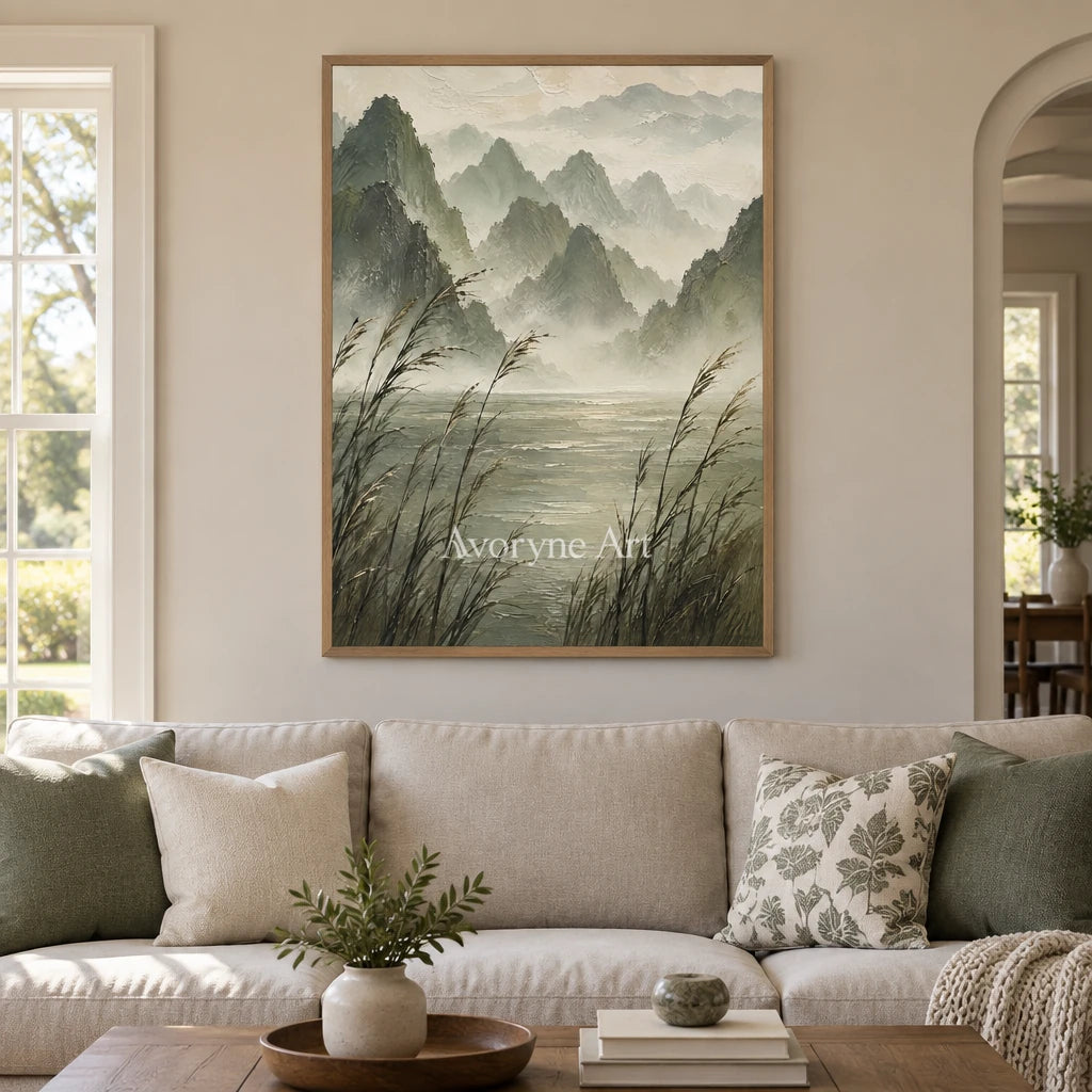 Reed Valley: Textured Green Mist Mountain Wall Art — villa wood