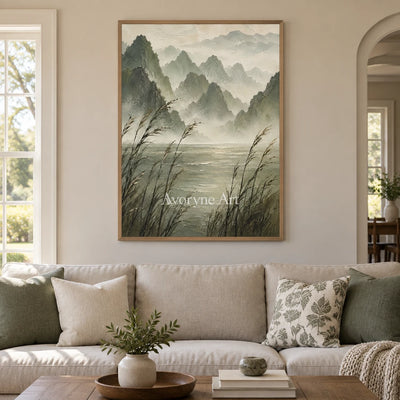 Reed Valley: Textured Green Mist Mountain Wall Art — villa wood