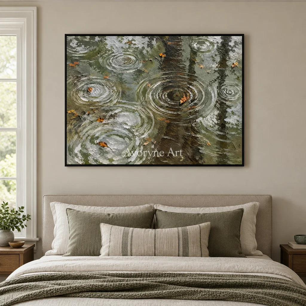 Rain Echoes: Textured Green Pond Landscape Wall Art — bedroom black