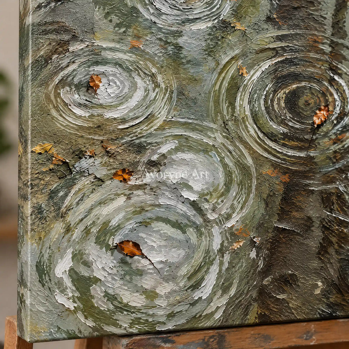 Rain Echoes: Textured Green Pond Landscape Wall Art — detail easel