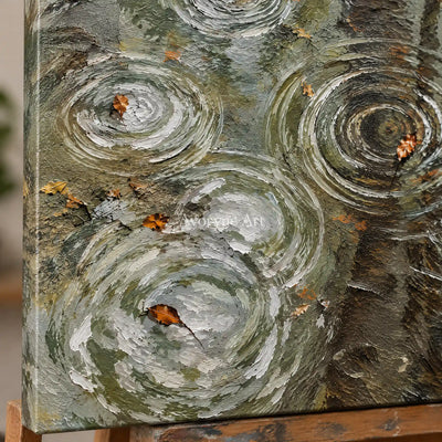 Rain Echoes: Textured Green Pond Landscape Wall Art — detail easel