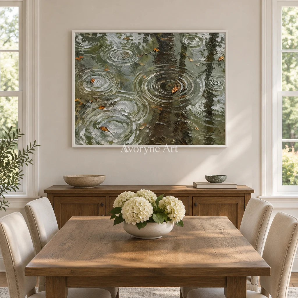 Rain Echoes: Textured Green Pond Landscape Wall Art — dining white