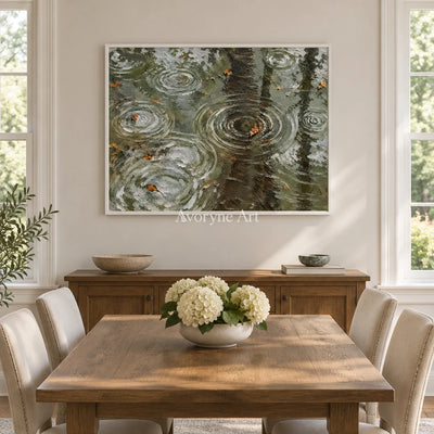 Rain Echoes: Textured Green Pond Landscape Wall Art — dining white