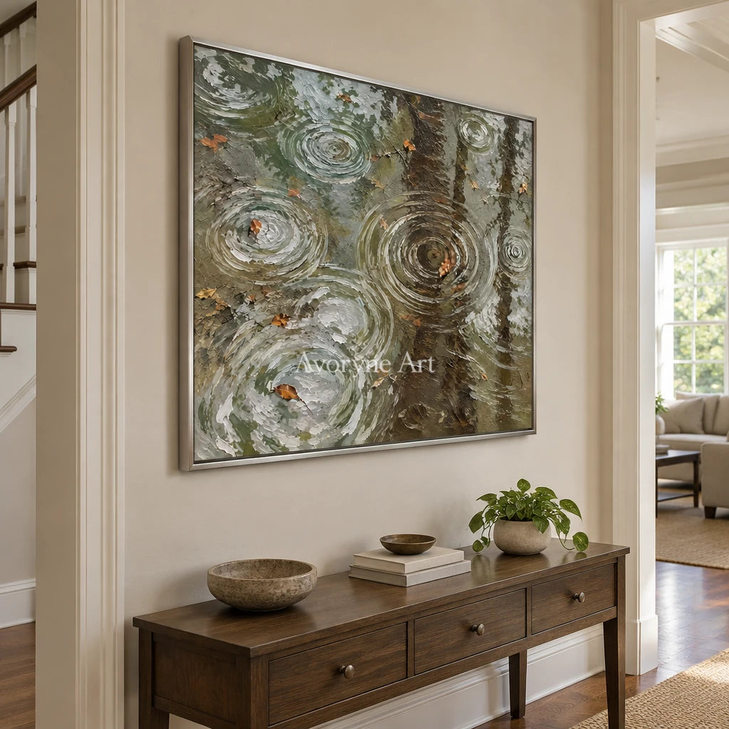 Rain Echoes: Textured Green Pond Landscape Wall Art — entry silver