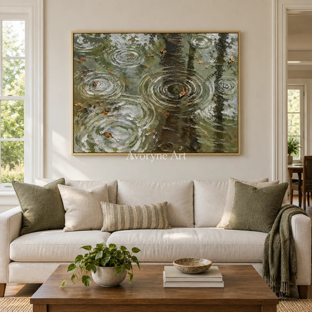 Rain Echoes: Textured Green Pond Landscape Wall Art — living gold