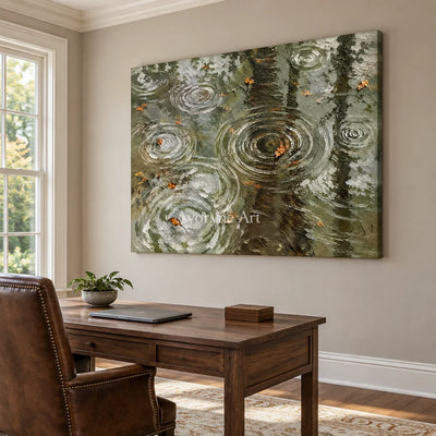 Rain Echoes: Textured Green Pond Landscape Wall Art — office frameless