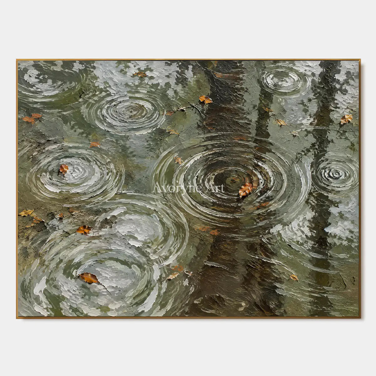 Rain Echoes: Textured Green Pond Landscape Wall Art — primary