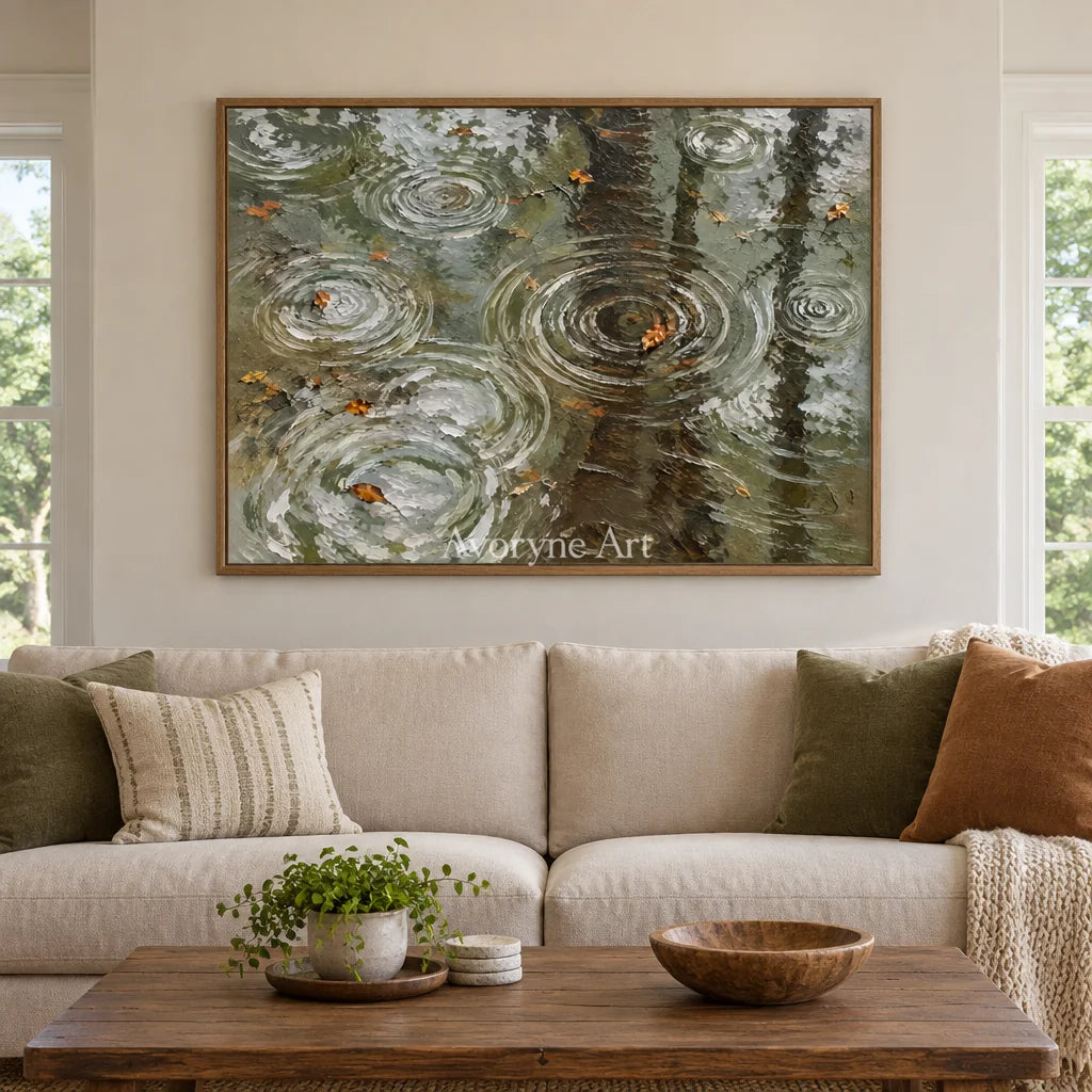 Rain Echoes: Textured Green Pond Landscape Wall Art — villa wood