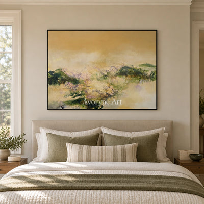 Pale Passage textured landscape wall art with a black frame above a bed in a bedroom