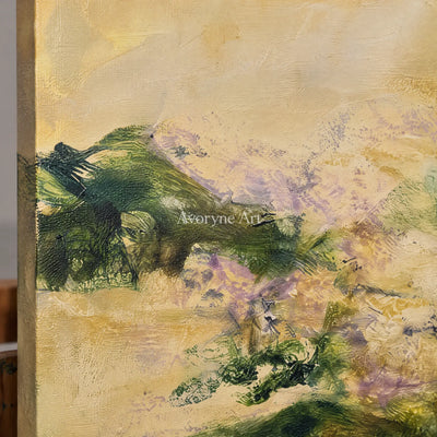 Close-up of the hand-painted texture of Pale Passage textured landscape wall art on an easel
