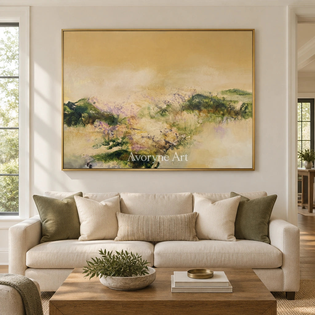 Pale Passage textured landscape wall art with a gold frame hanging in a living room