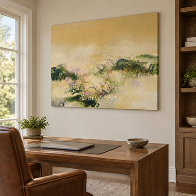 Pale Passage textured landscape wall art as a frameless stretched canvas in a home office