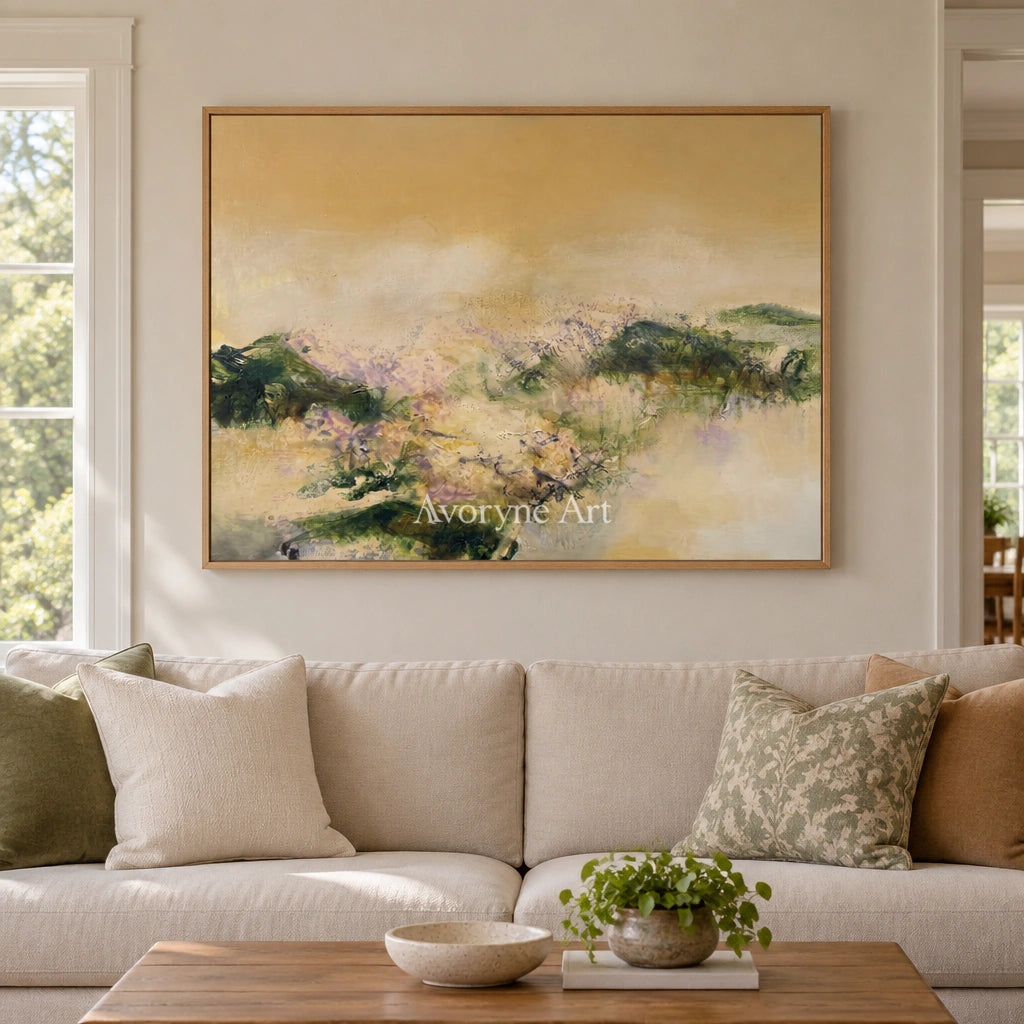 Pale Passage textured landscape wall art with a wood frame in a villa living space