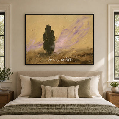 Pale Interval textured landscape wall art with a black frame above a bed in a bedroom