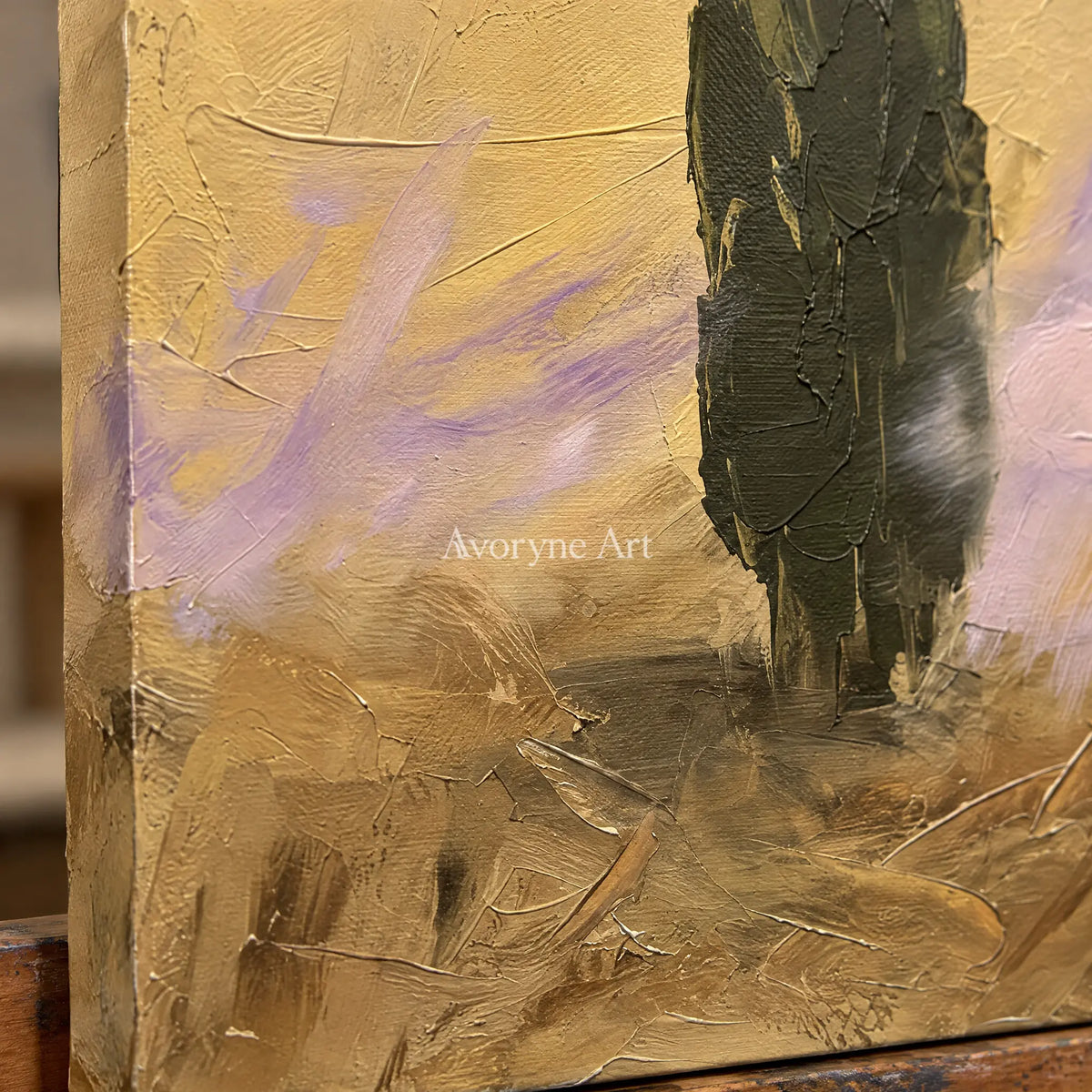 Close-up of the hand-painted texture of Pale Interval textured landscape wall art on an easel