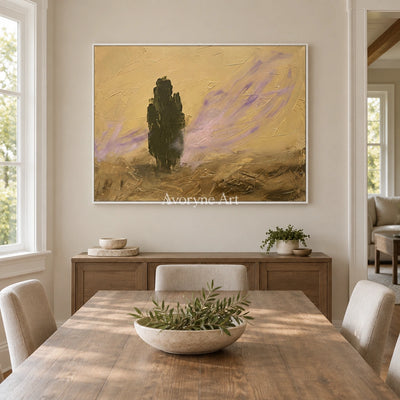 Pale Interval textured landscape wall art with a white frame in a dining room