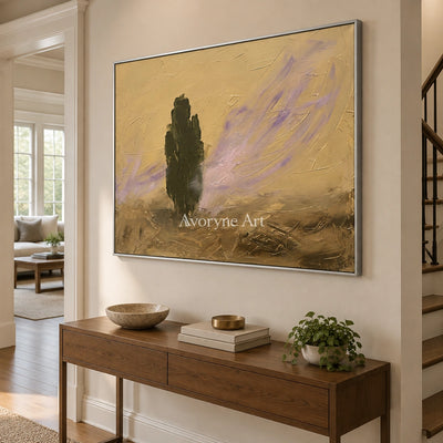 Pale Interval textured landscape wall art with a silver frame in an entryway