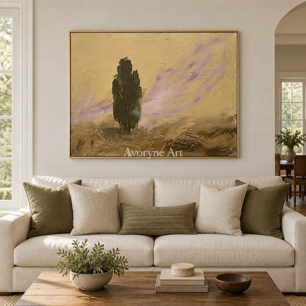 Pale Interval textured landscape wall art with a gold frame hanging in a living room