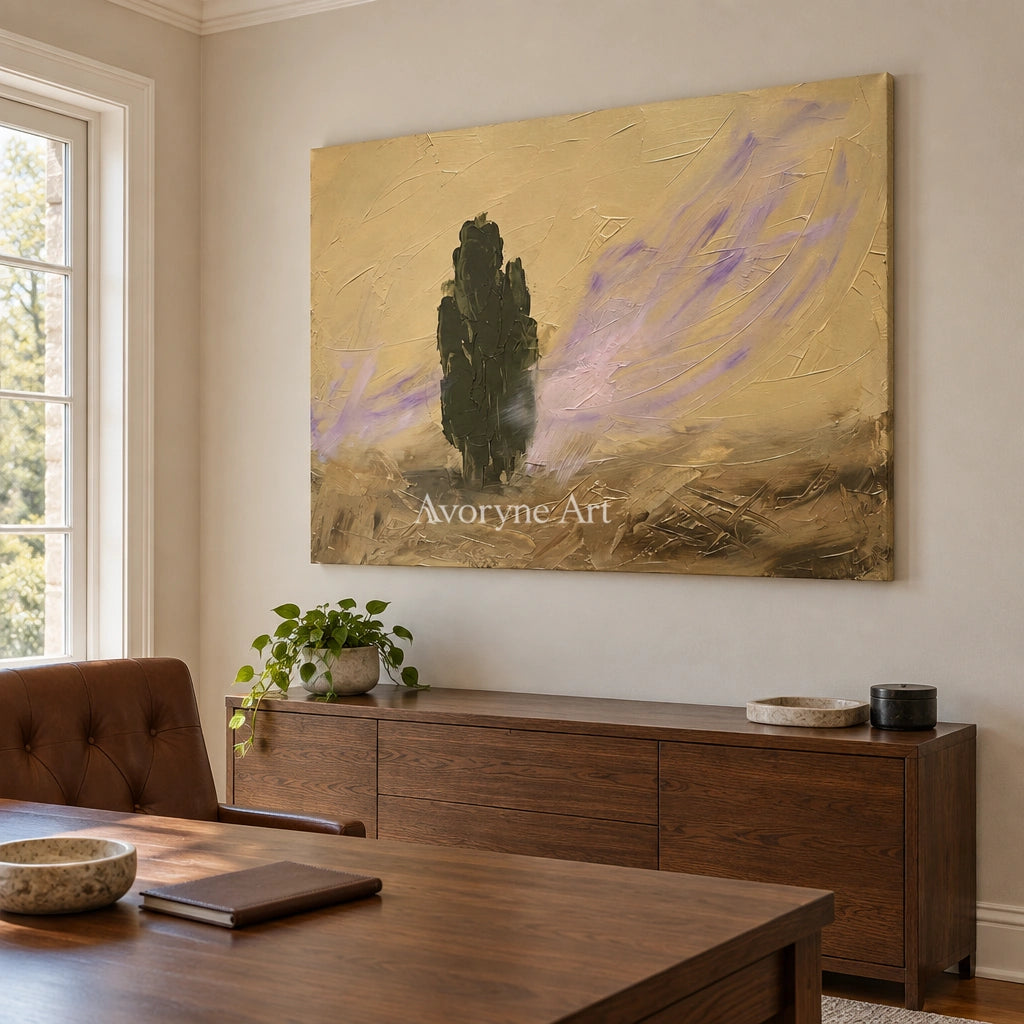 Pale Interval textured landscape wall art as a frameless stretched canvas in a home office