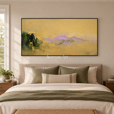 Pale Gesture textured landscape wall art with a black frame above a bed in a bedroom