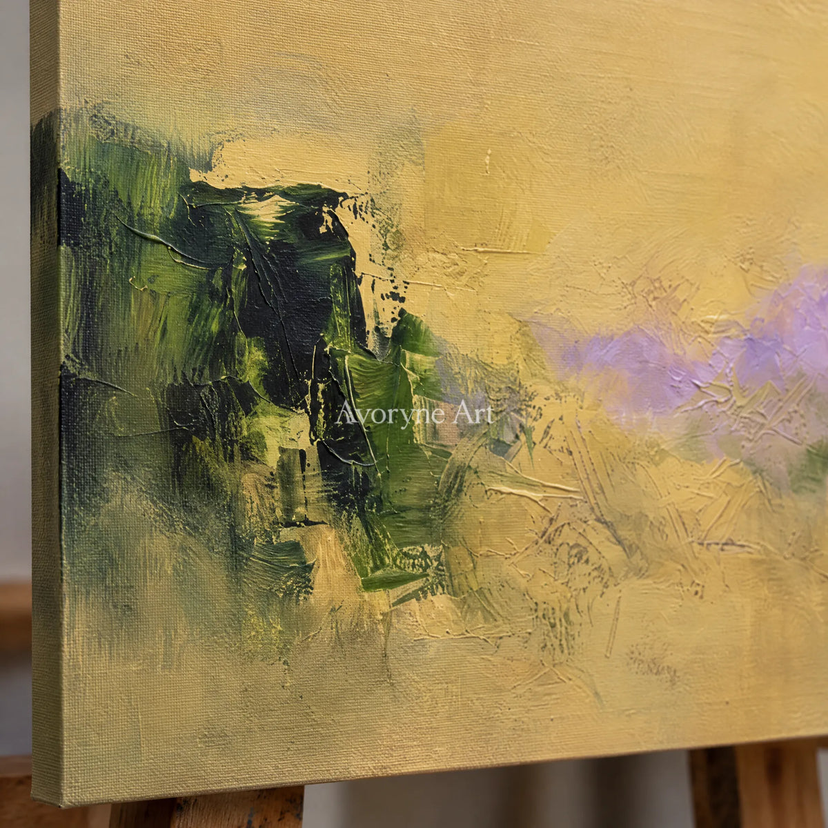 Close-up of the hand-painted texture of Pale Gesture textured landscape wall art on an easel