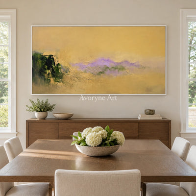 Pale Gesture textured landscape wall art with a white frame in a dining room