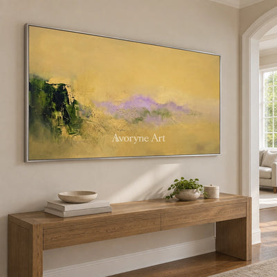 Pale Gesture textured landscape wall art with a silver frame in an entryway