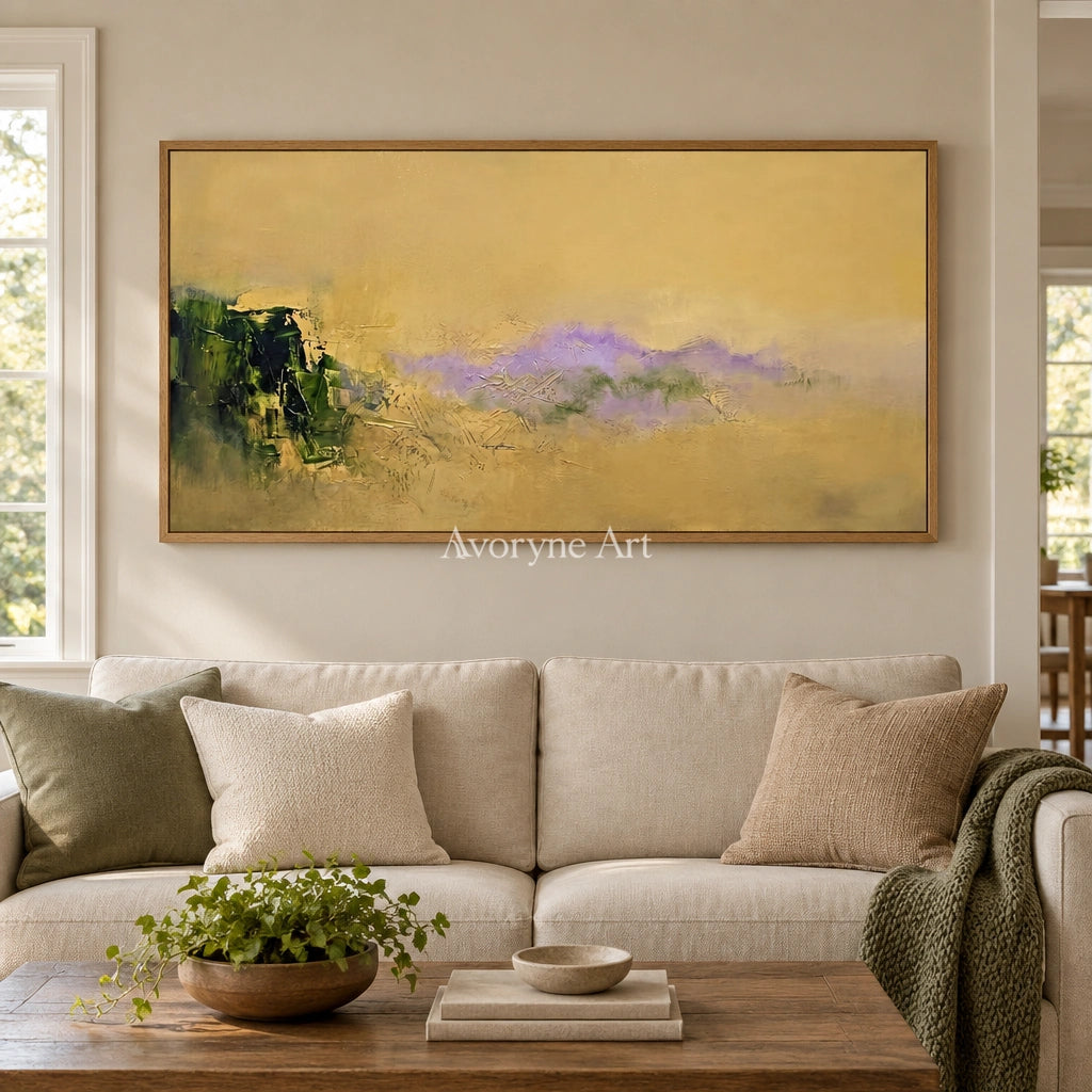 Pale Gesture textured landscape wall art with a wood frame in a villa living space