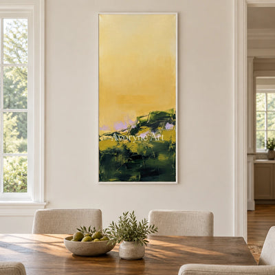 Pale Prelude textured landscape wall art with a white frame in a dining room